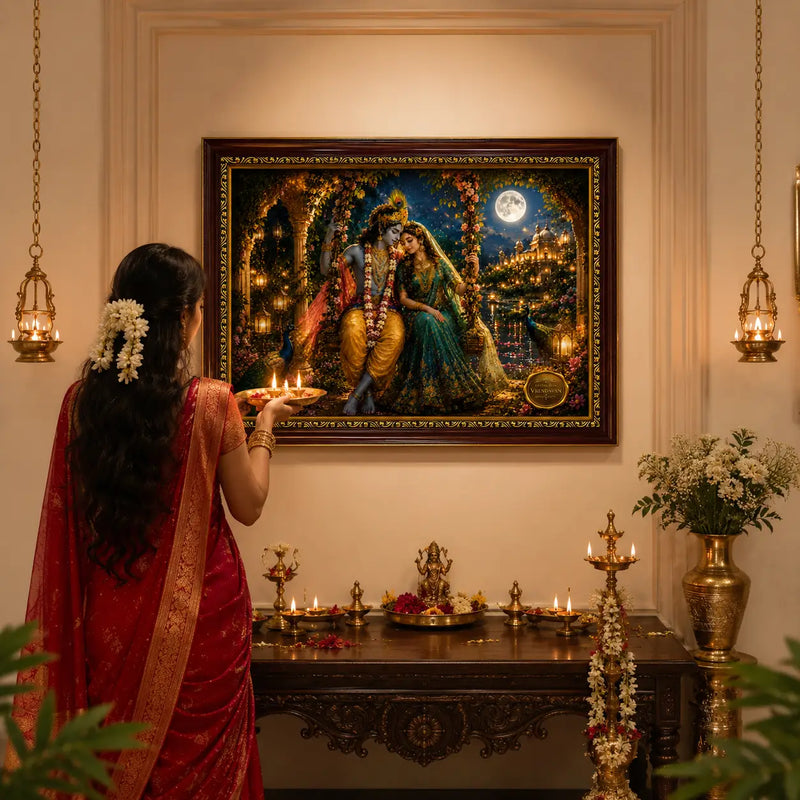 Woman in a red saree performing a ritual in front of a framed artwork of Radha Krishna on a wall.