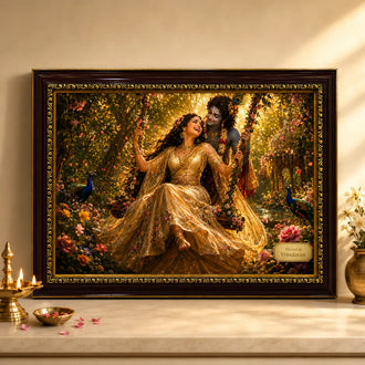 Framed artwork of Radha Krishna in a garden with decorative elements on a shelf.