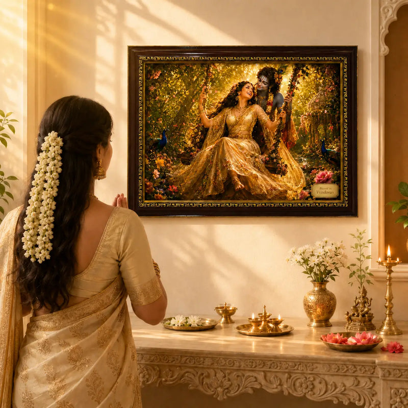 Woman in traditional attire admiring a framed artwork of Radha Krishna in a garden.