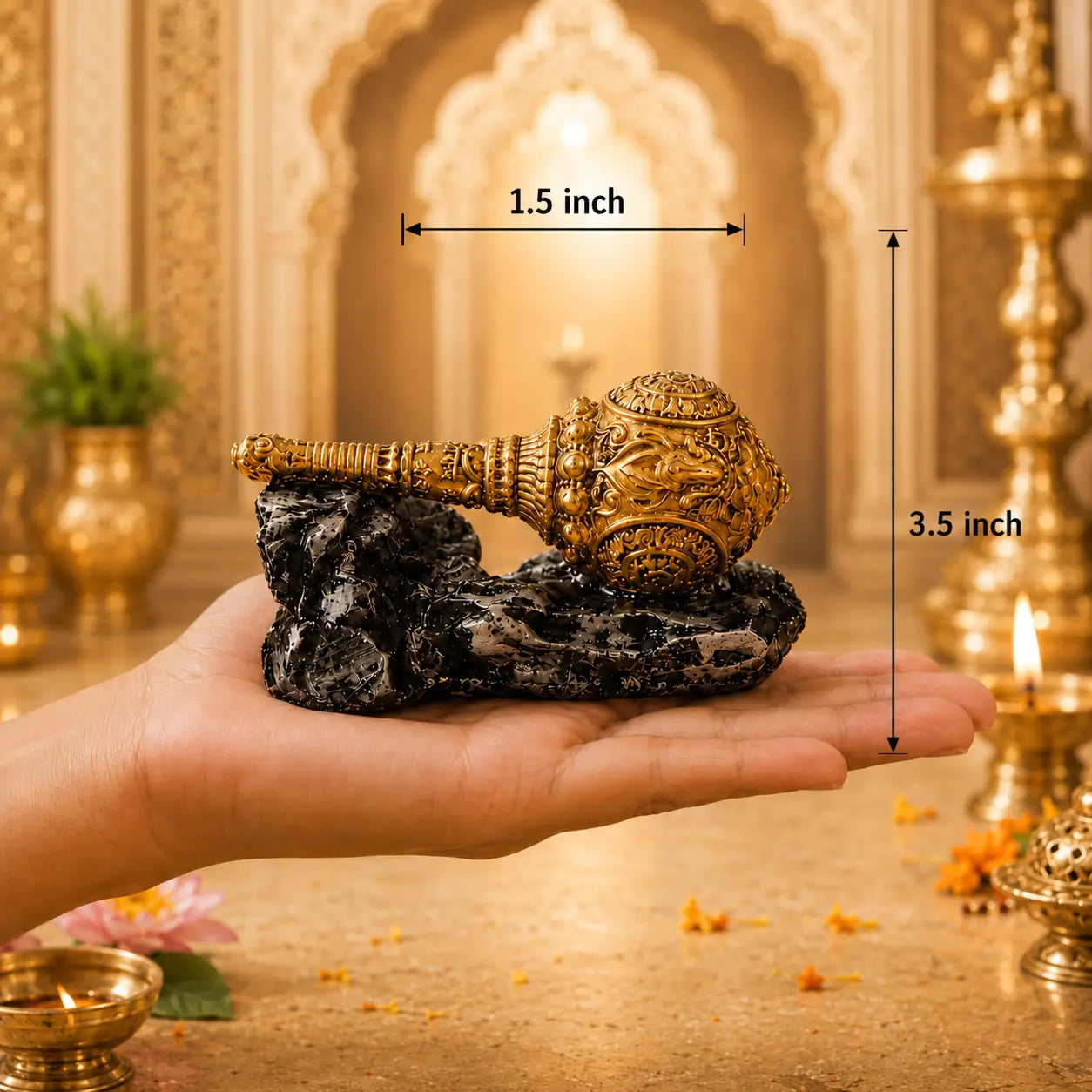 Gada placed on a hand with its length and breadth displaying 