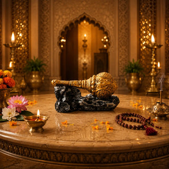 Hanuman ji gada placed on a table with pooja samagri in a festive background