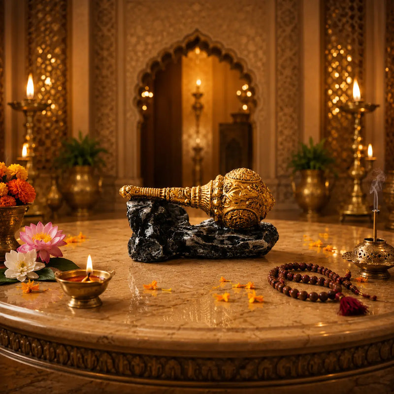 Hanuman ji gada placed on a table with pooja samagri in a festive background