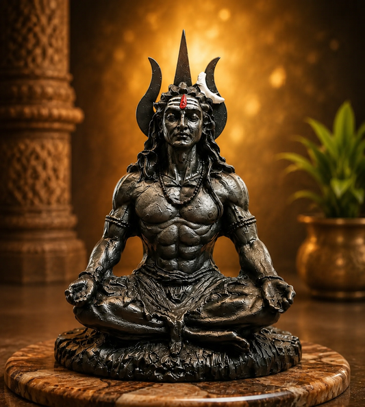 A dark resin Lord Shiva statue in a meditative seated pose, displayed on a round wooden base with a warm golden bokeh background and a blurred potted plant. - Dharmik Life