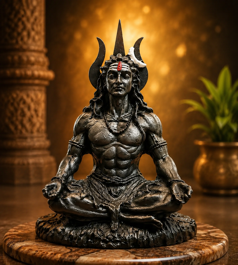 A dark resin Lord Shiva statue in a meditative seated pose, displayed on a round wooden base with a warm golden bokeh background and a blurred potted plant. - Dharmik Life