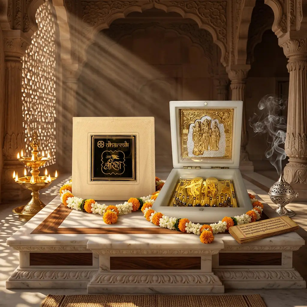 White Ram Darbar box featuring golden Charan Paduka and deities from the Dharmik Ayodhya Prasad Box