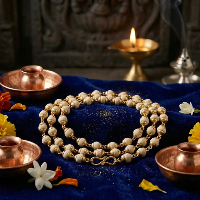 Gold-Plated Tulsi Mala on royal blue cloth