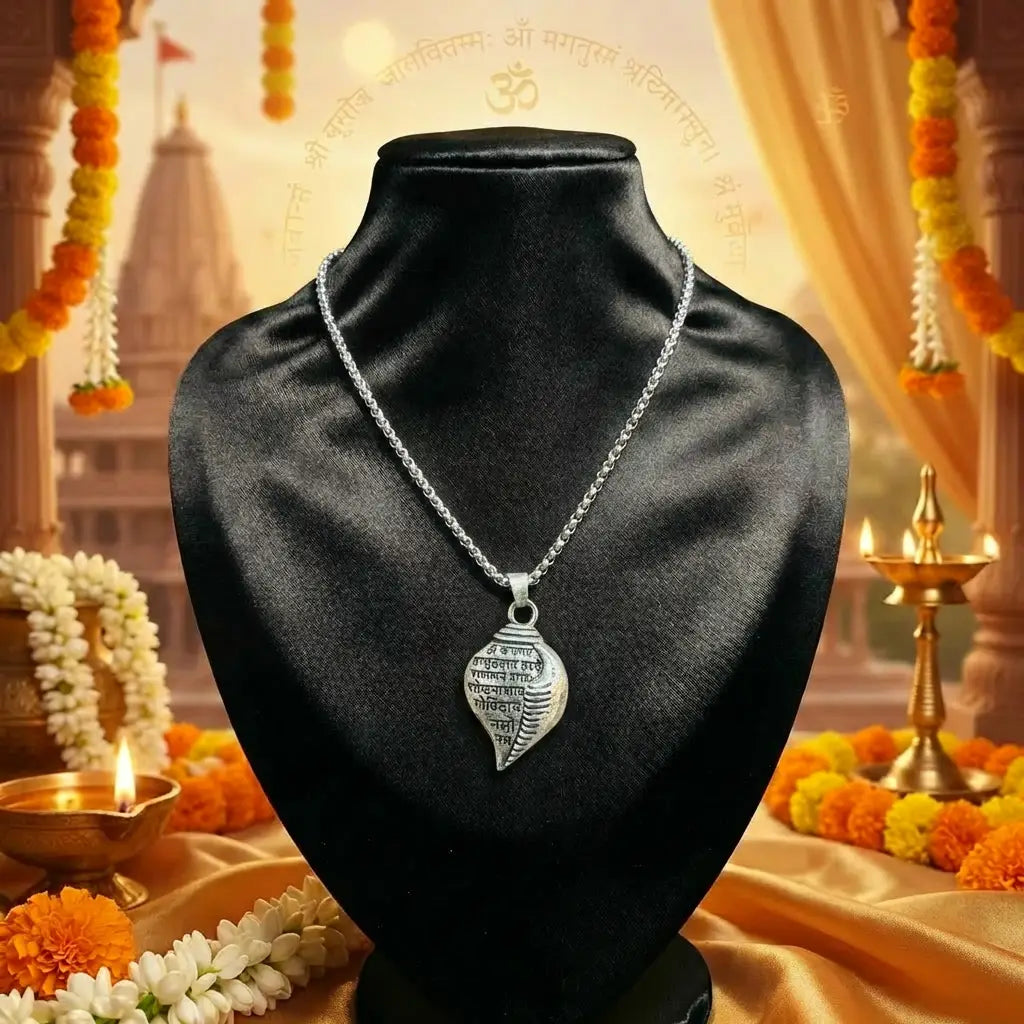 Silver Plated Chain with Krishna Mantra Shankh Pendant Dharmik
