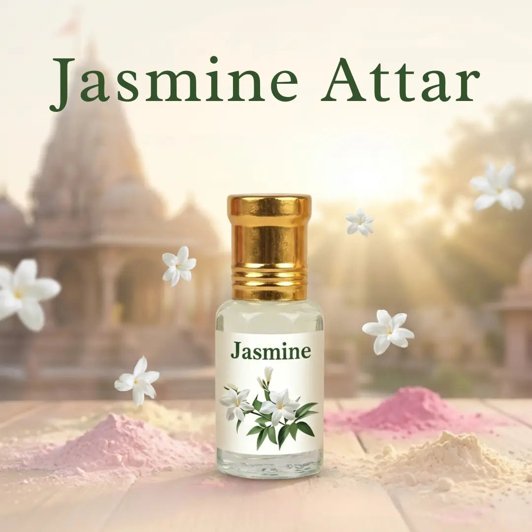 Vrindavan Pushp Attar bottles close-up — 3 natural fragrance spiritual perfume