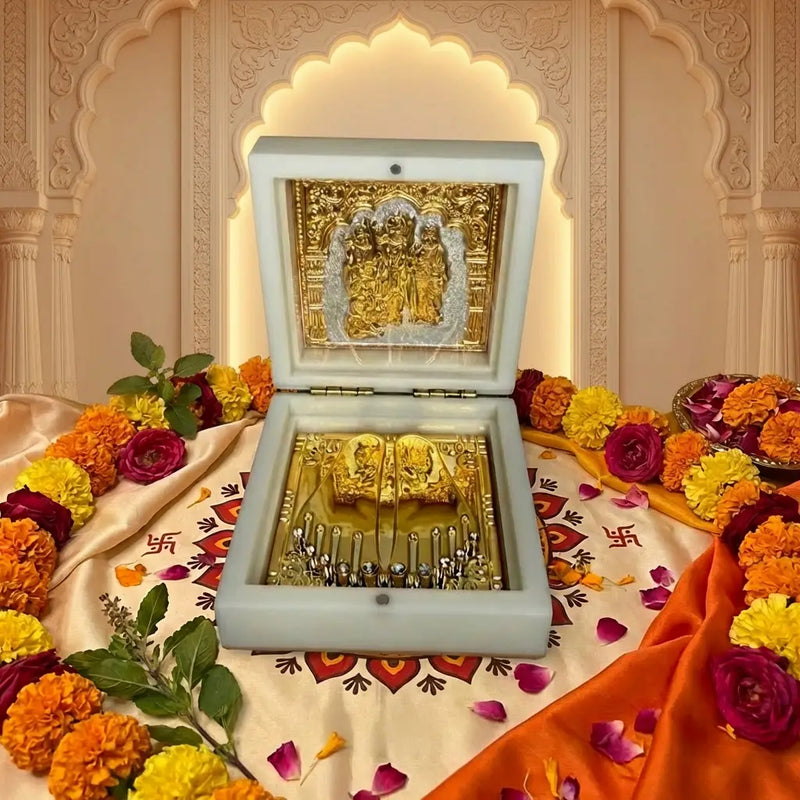 Ram Darbar Silver-Plated Gold-Toned Frame and Sacred Charan Paduka in Premium Marble Box - Blessed in Ayodhya Dharmik