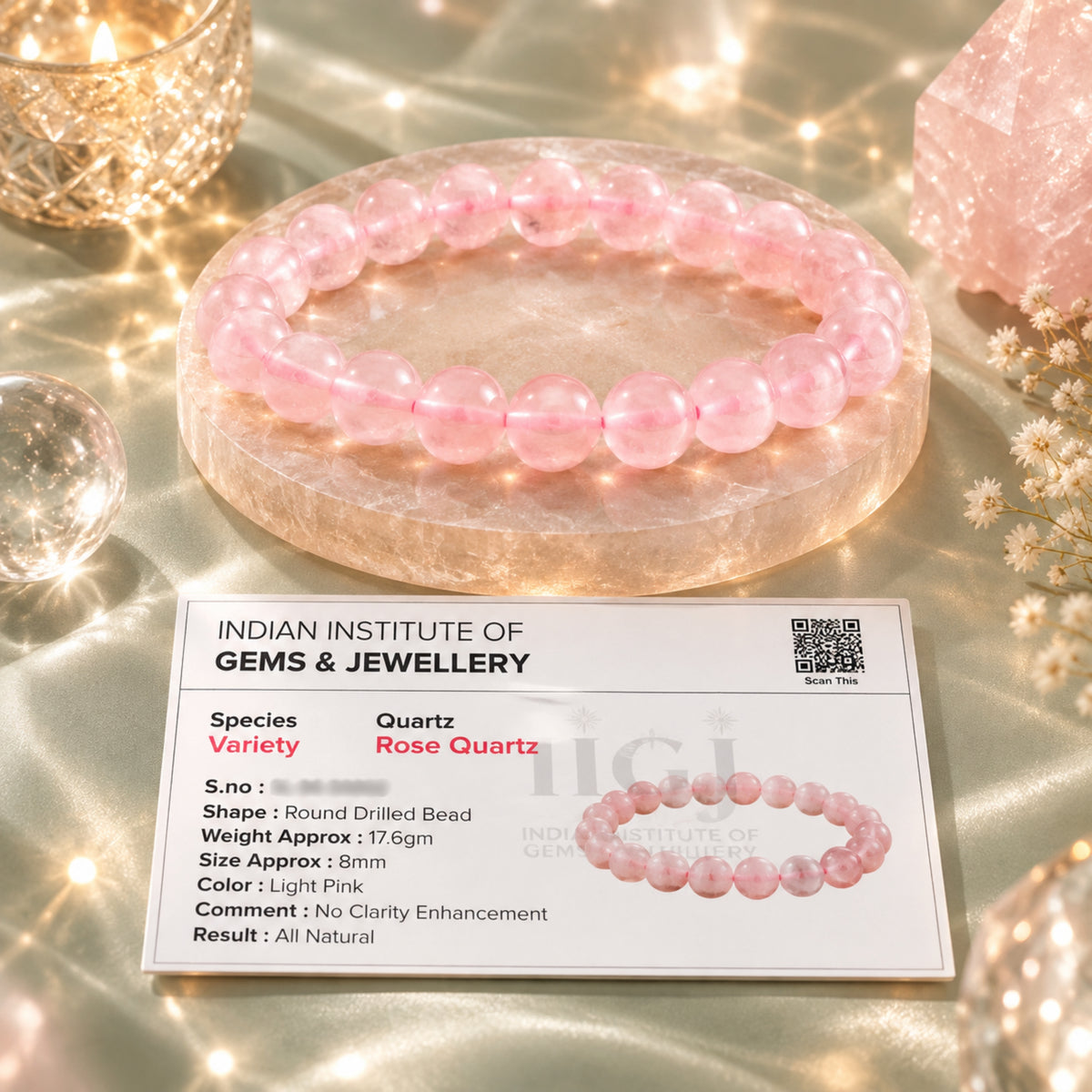 lab certification of rose quartz bracelet