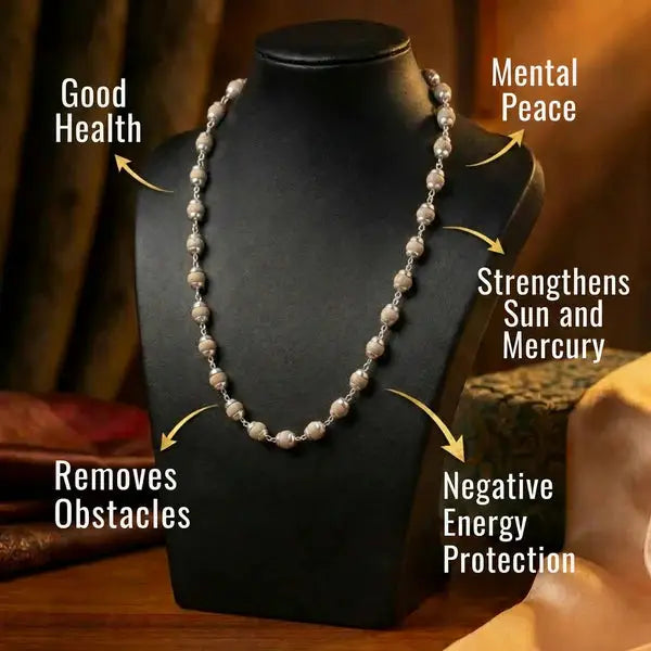 Dharmik silver-plated 6mm Tulsi mala displaying spiritual benefits.