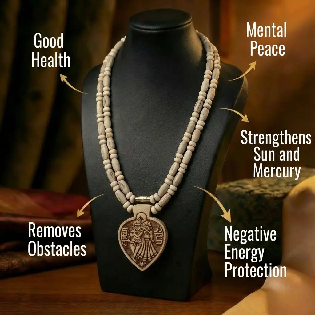 Tulsi Mala Radha Krishna pendant close-up  heart shaped pendant detail Vrindavan