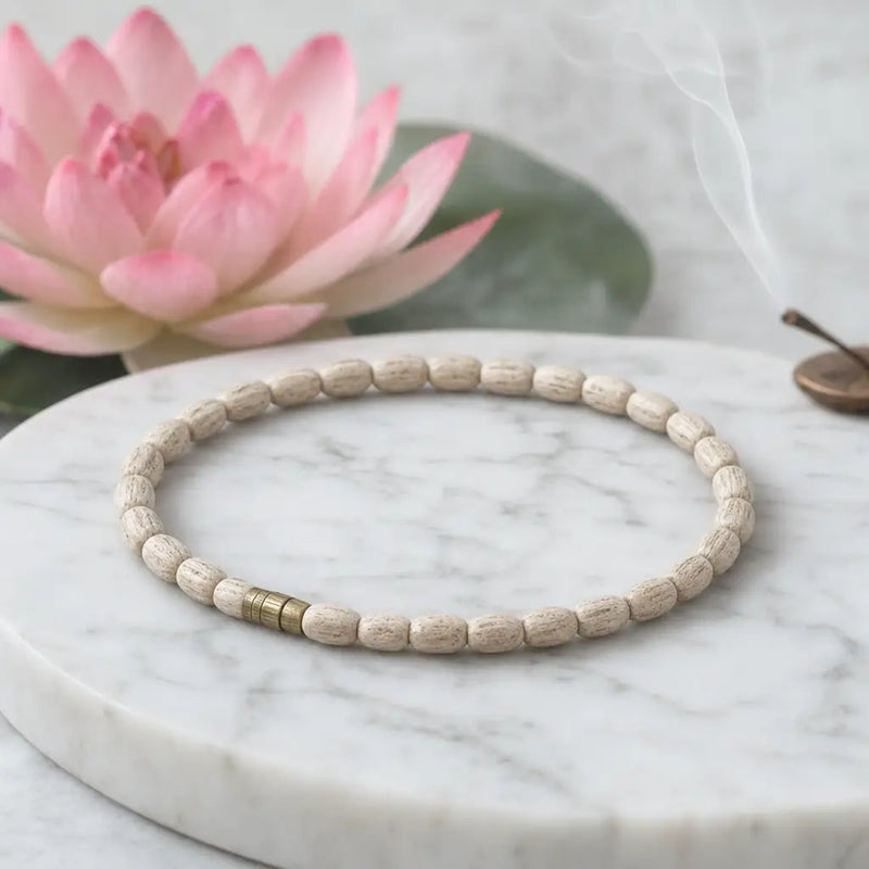 prem tulsi mala from vrindavan on white marble