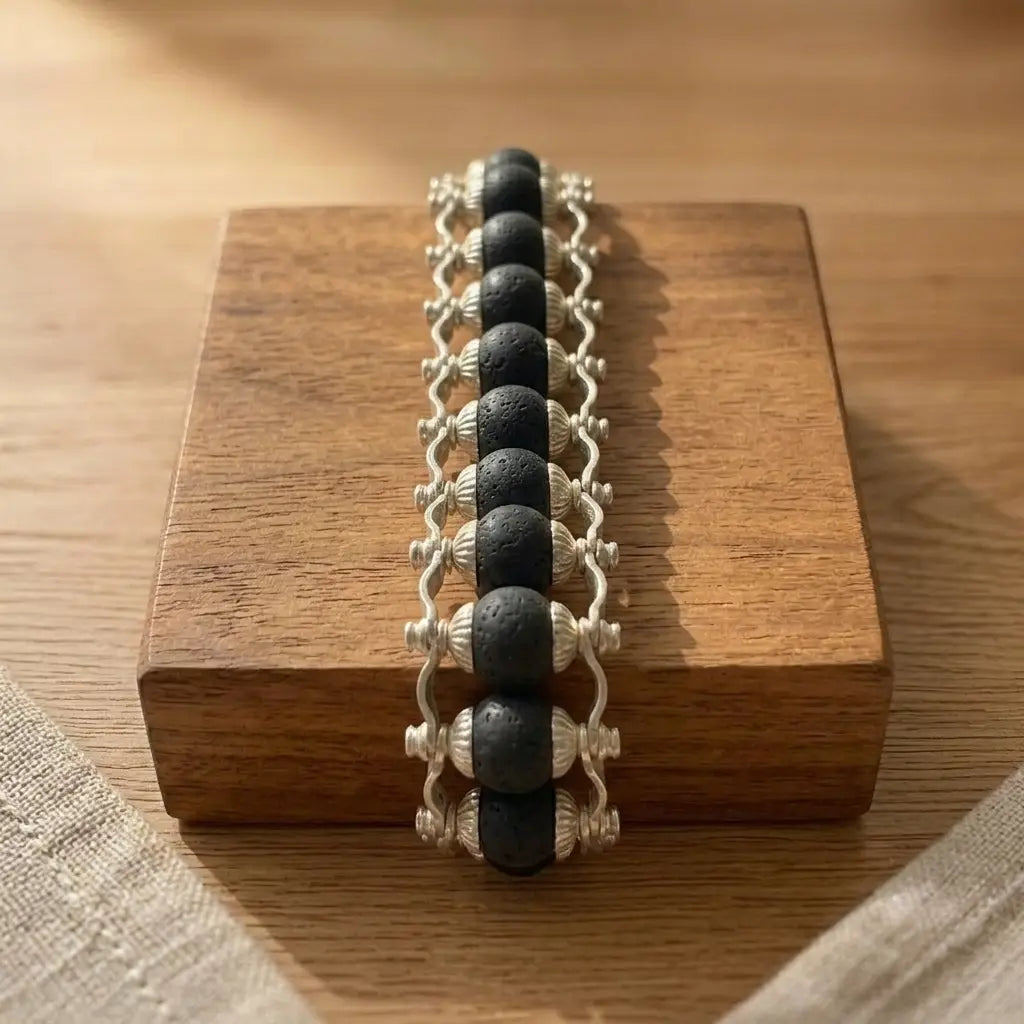 silver plated karungali bracelet 24 beads on wooden box