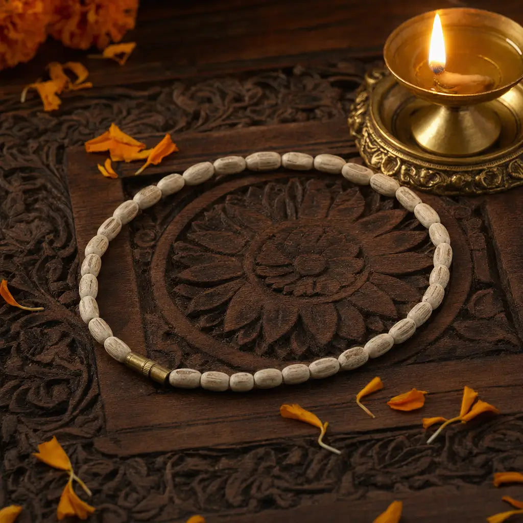 Original prem tulsi mala single round placed on a wooden plate