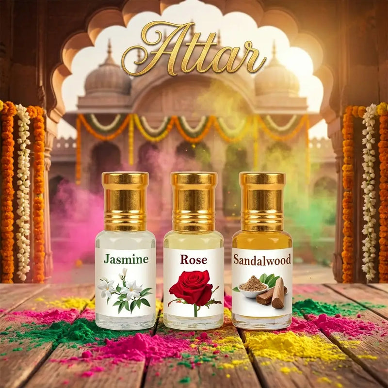 Vrindavan Pushp Attar bottles close-up — 3 natural fragrance spiritual perfume