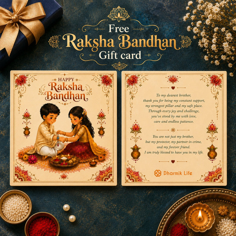 A decorative Raksha Bandhan gift card set displayed on a dark textured background with festive props. The set includes a top promotional banner reading 'Free Raksha Bandhan Gift card' and two cream-colored card designs below: one illustrated with a child couple and the words 'Happy Raksha Bandhan,' and one with a romantic poem and the brand name 'Dharmik Life.