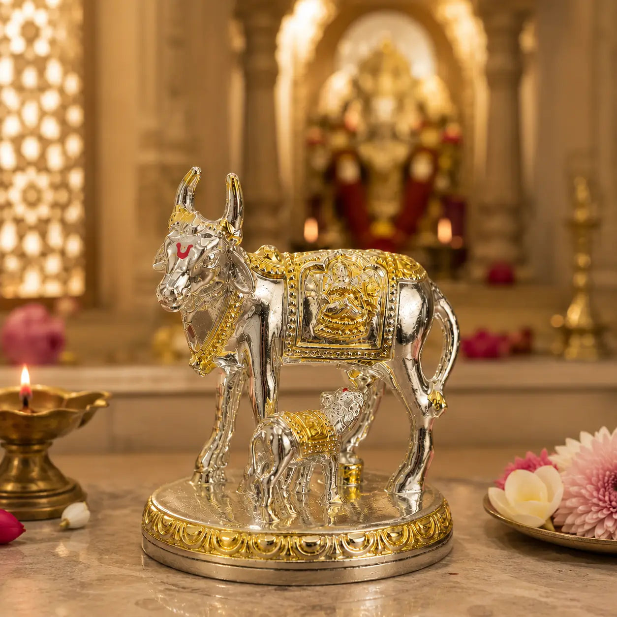 DharmikLife Kamadhenu Cow and Calf silver-gold idol in a temple setting.