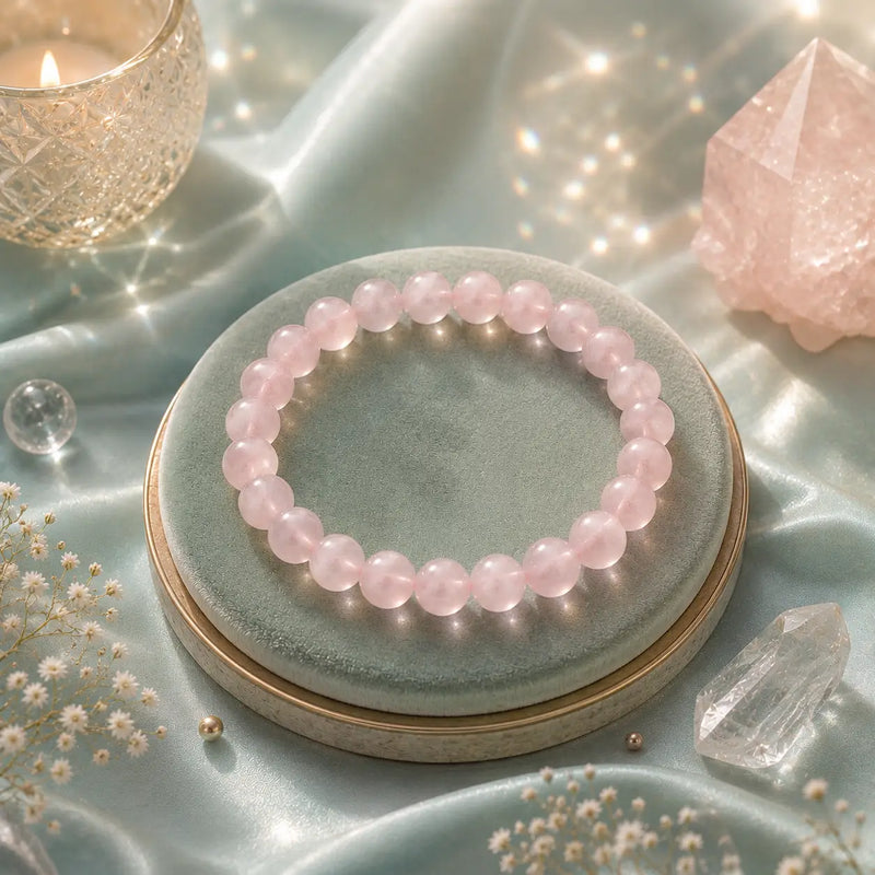Rose Quartz bracelet on a decorative stand with crystals and candles in the background
