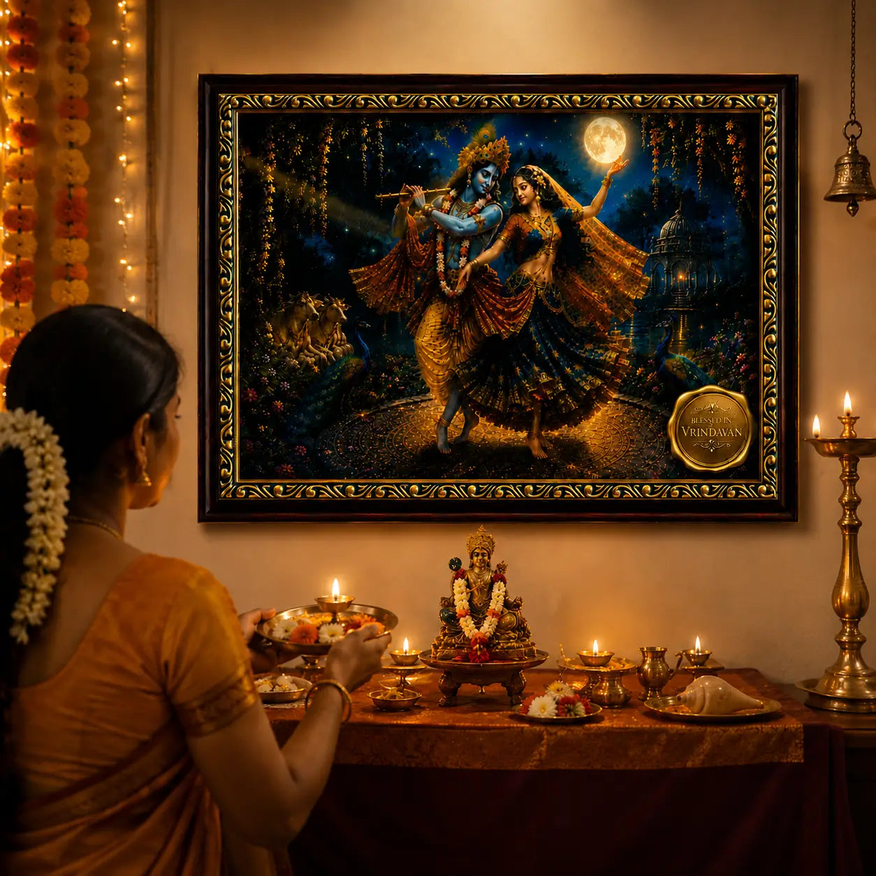 Woman performing a ritual in front of a framed artwork  with candles and offerings on a table.