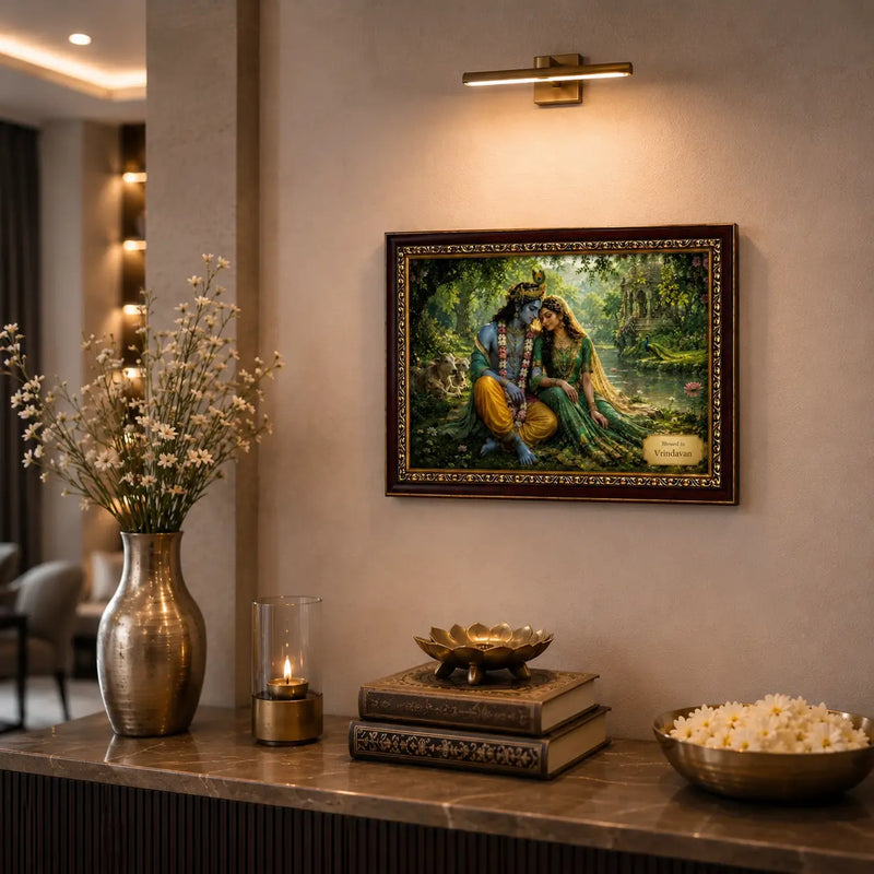 Premium Radha Krishna photo frame displayed in a modern home setting, featuring the divine couple in a serene Vrindavan garden. Ideal for spiritual décor, home temples, and gifting. DharmikLife.