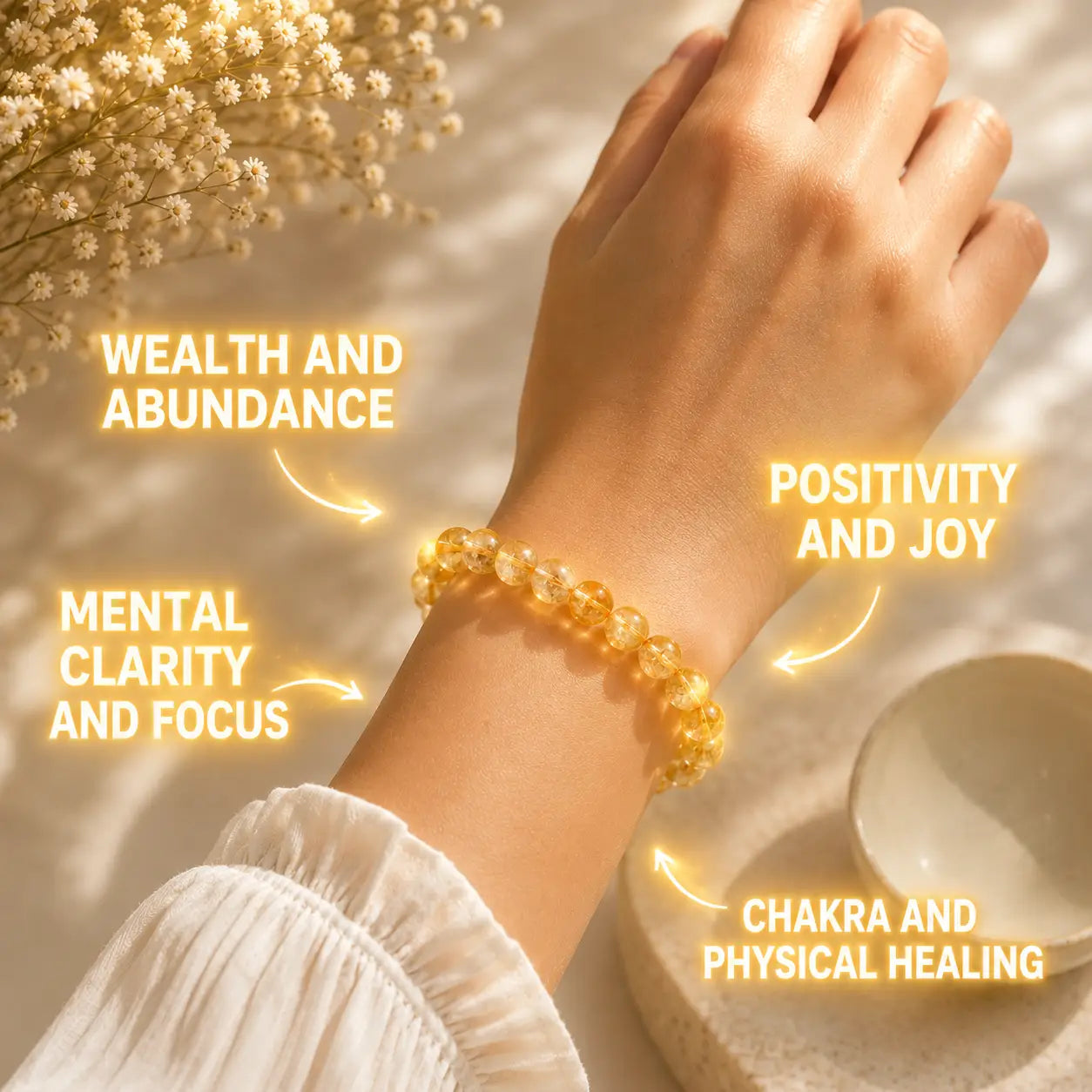 Hand wearing a citrine bracelet with text on wellness benefits against a blurred natural background.