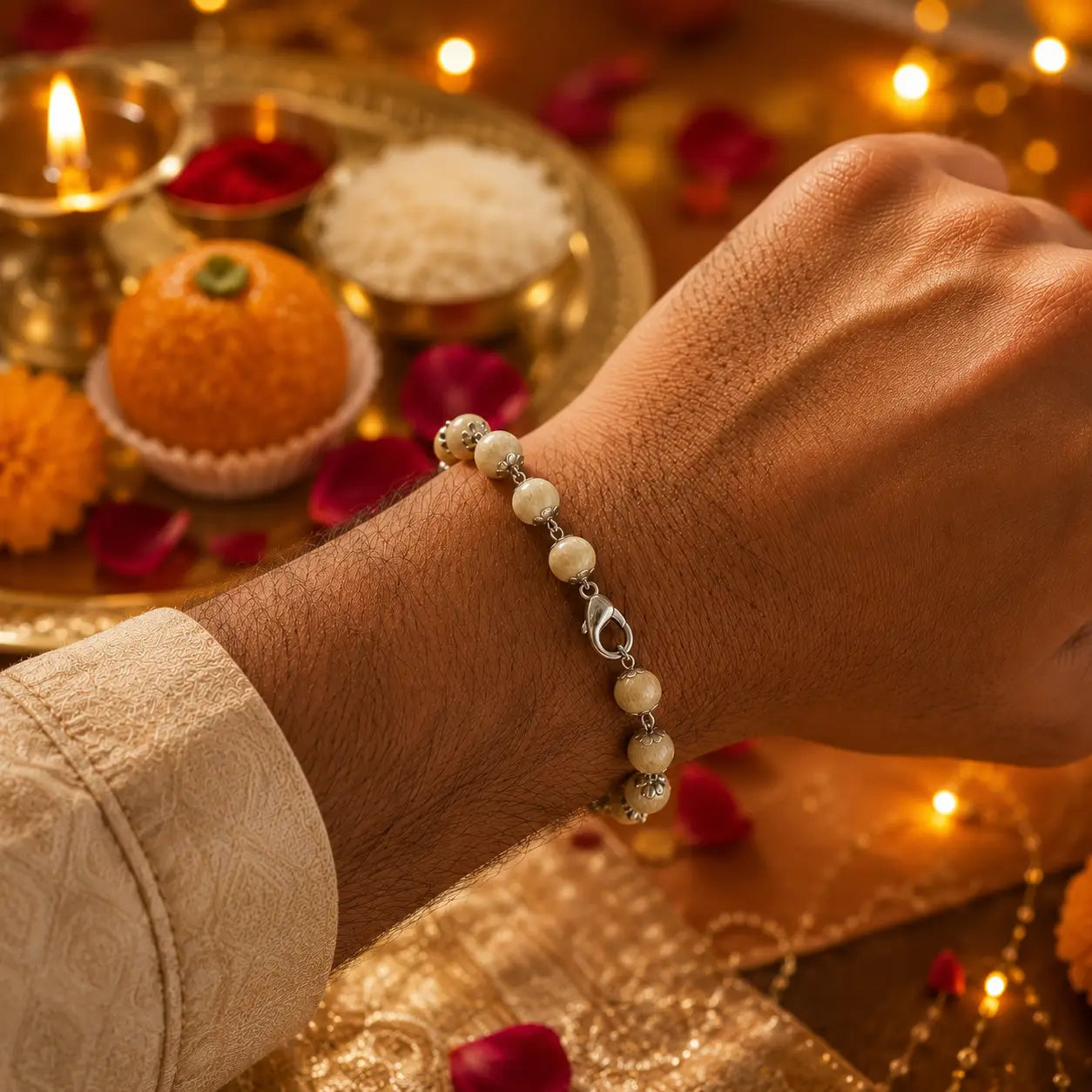 Silver Plated Tulsi Rakhi Bracelet | Spiritual Gift for Raksha Bandhan