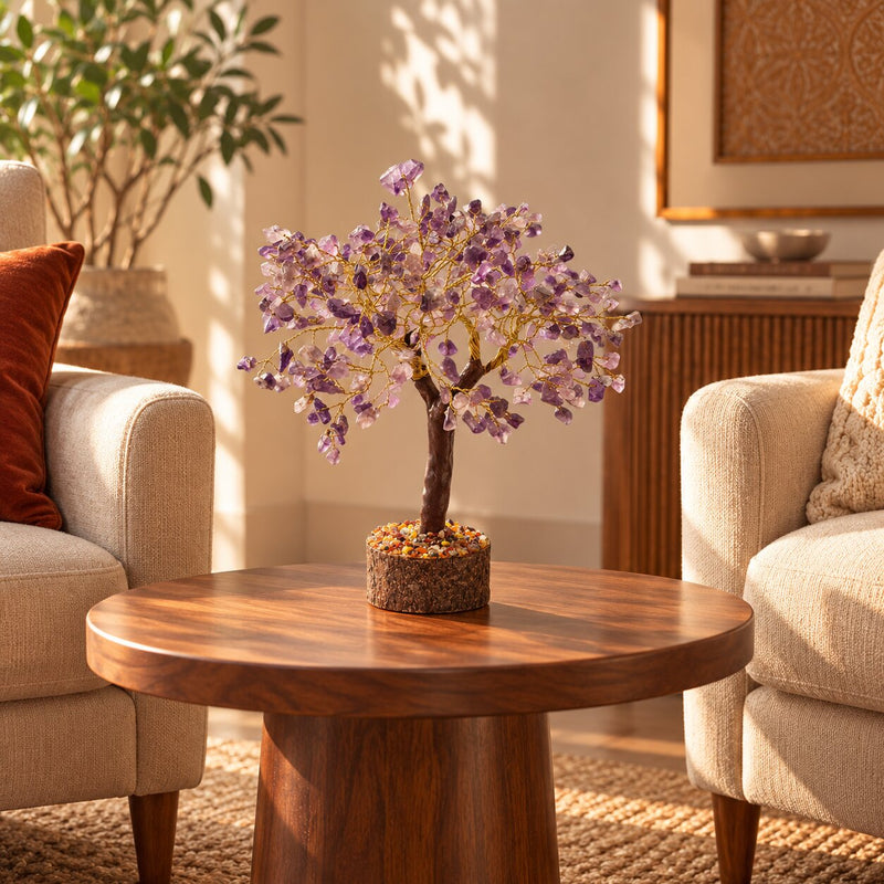 amethyst crystal  tree on a coffee table