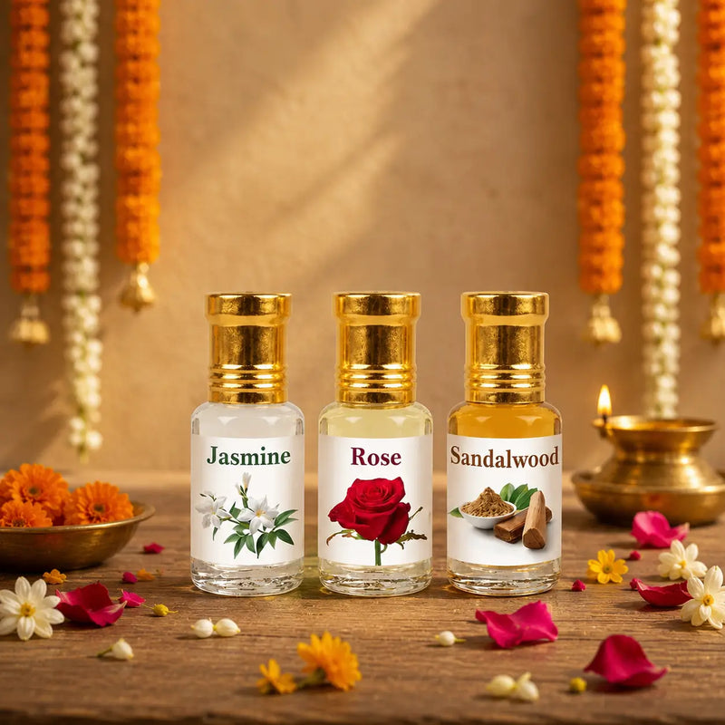 attar combo rose jasmine sandalwood from vrindavan in glass bottles