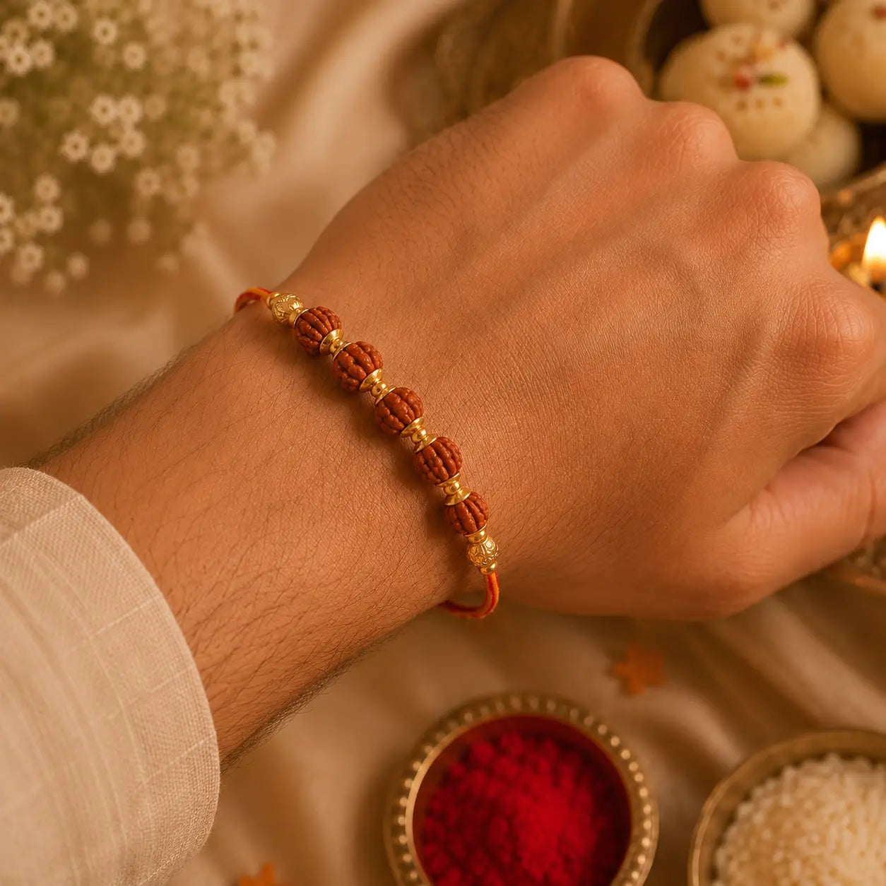 Premium Gold-Plated Rudraksha Rakhi | Sacred Kashi Blessing