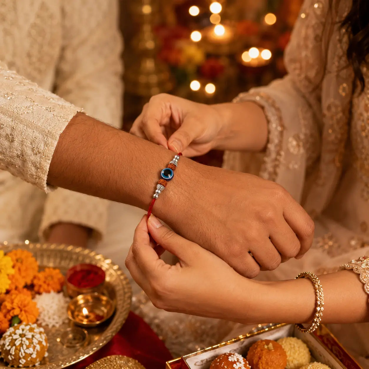 Original Silver Plated Rudraksha Evil Eye Rakhi | Blessed in Kashi