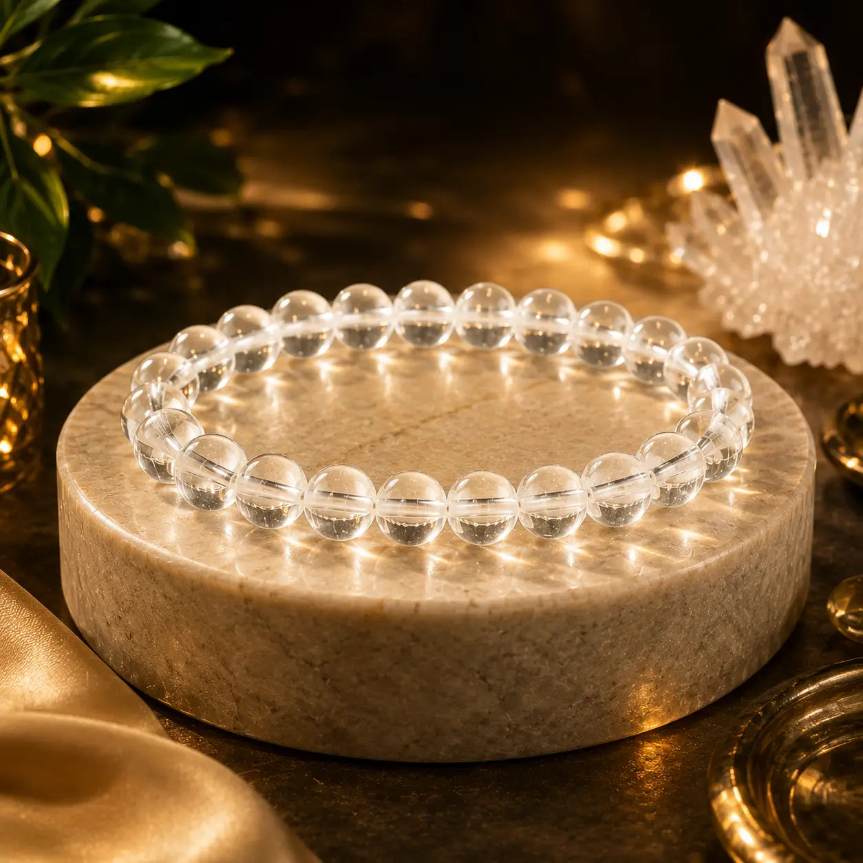 Clear quartz beaded bracelet on a round stone surface with decorative elements in the background