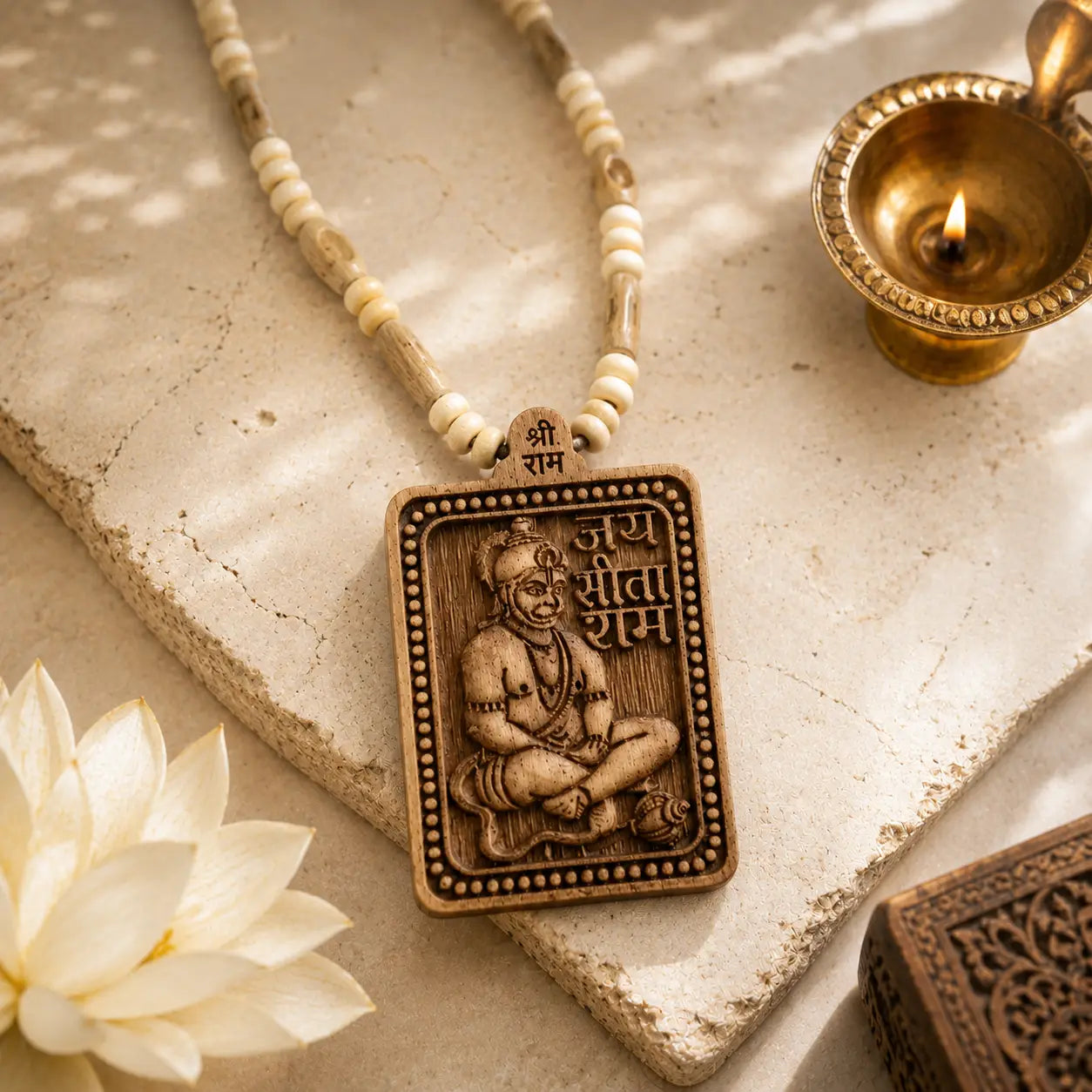 Bageshwar Dham Tulsi Mala 5mm beads placed on a white slab 