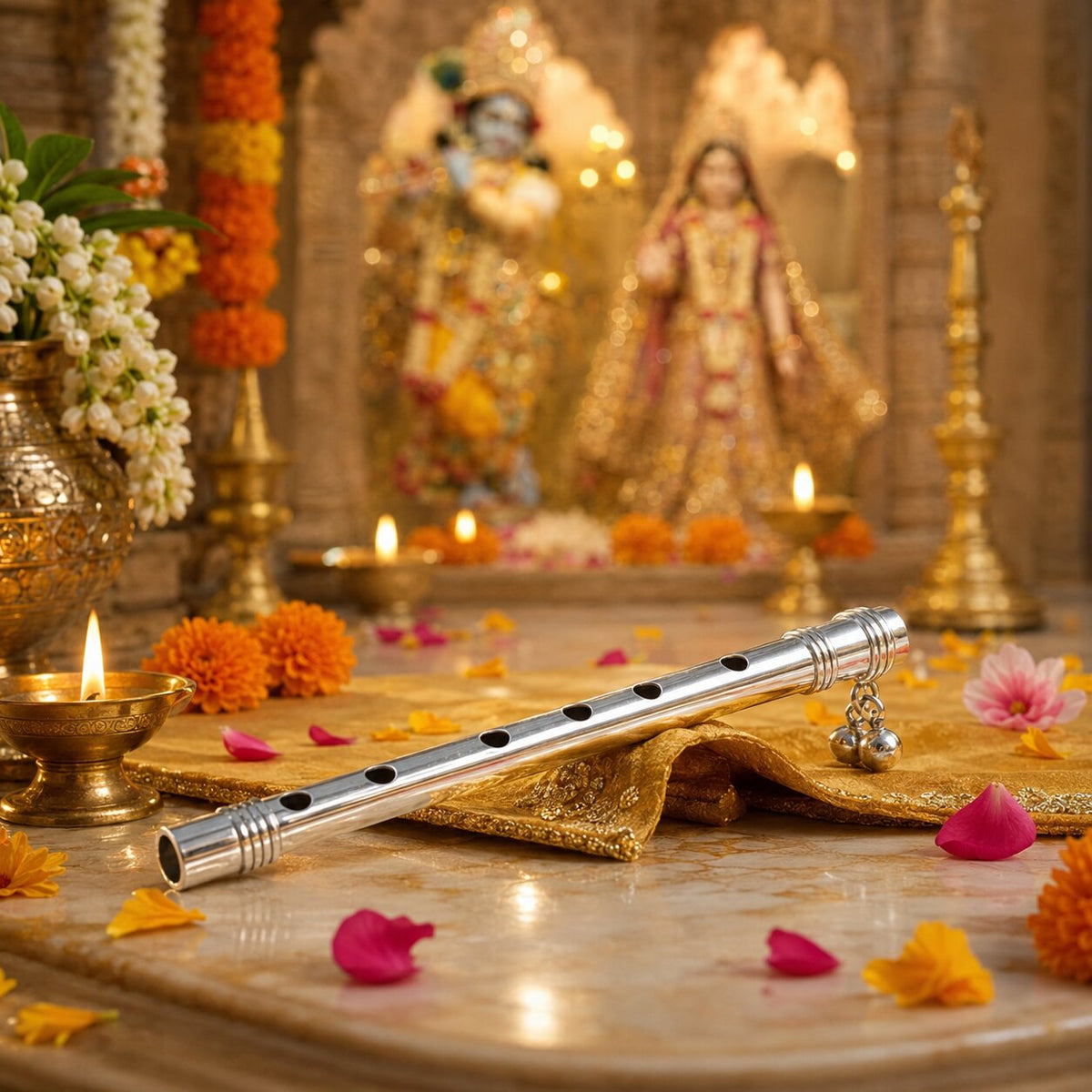 krishna ji bansuri silver plated kept in mandir with radha krishna in background