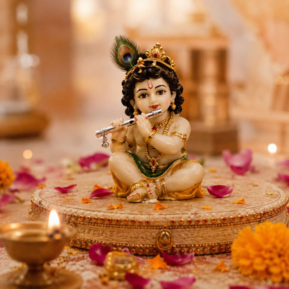 A decorative figurine of baby Krishna seated cross-legged, holding a silver flute, with a peacock feather on his head and gold jewelry, displayed on an ornate round platform with marigold flowers and a lit diya in a softly blurred warm setting.