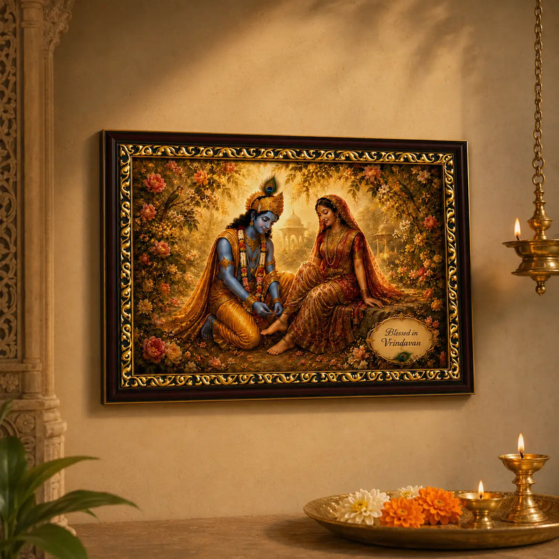 Framed artwork of radha krishna in a garden setting on a wall with decorative elements.