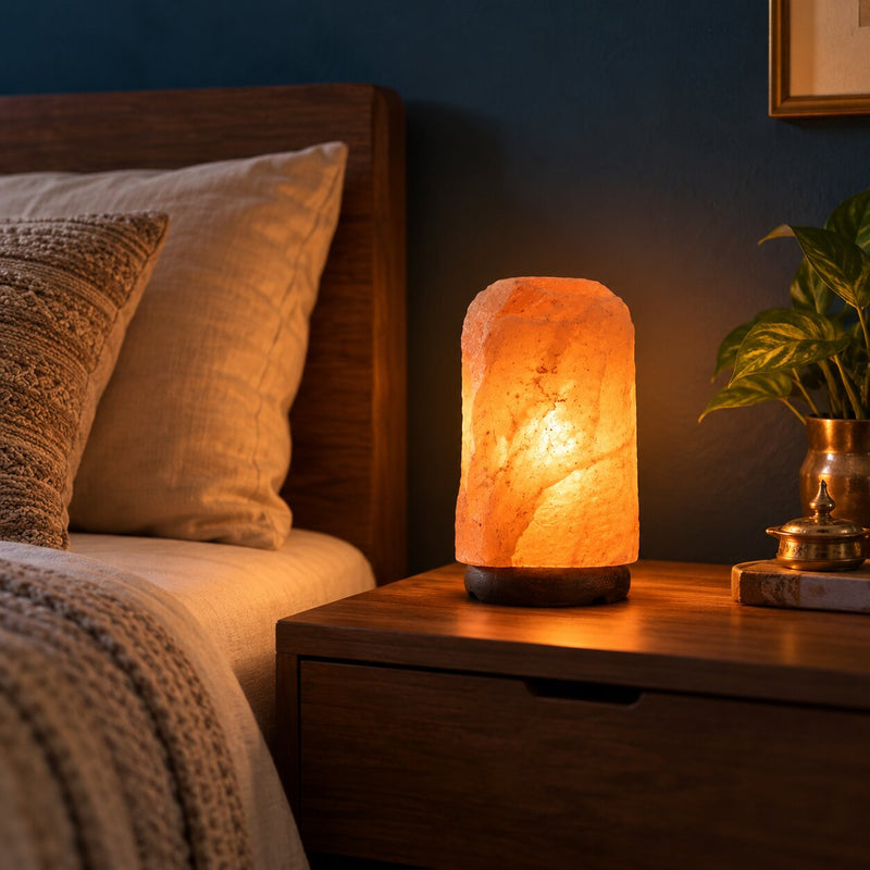 image of rock salt lamp placed beside the bed on a side table