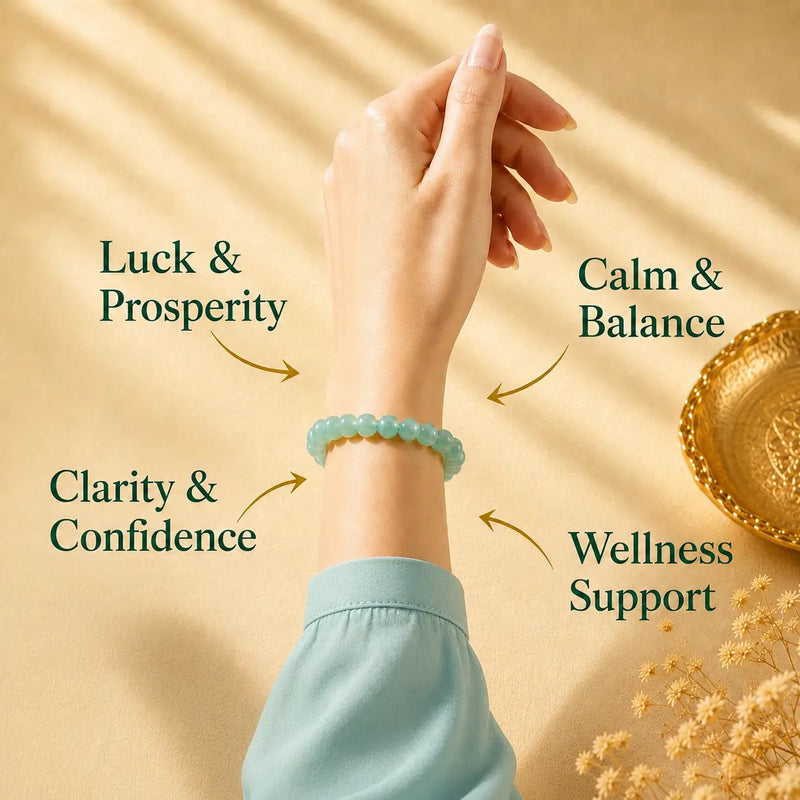Hand wearing a green aventurine bracelet with text on a beige background