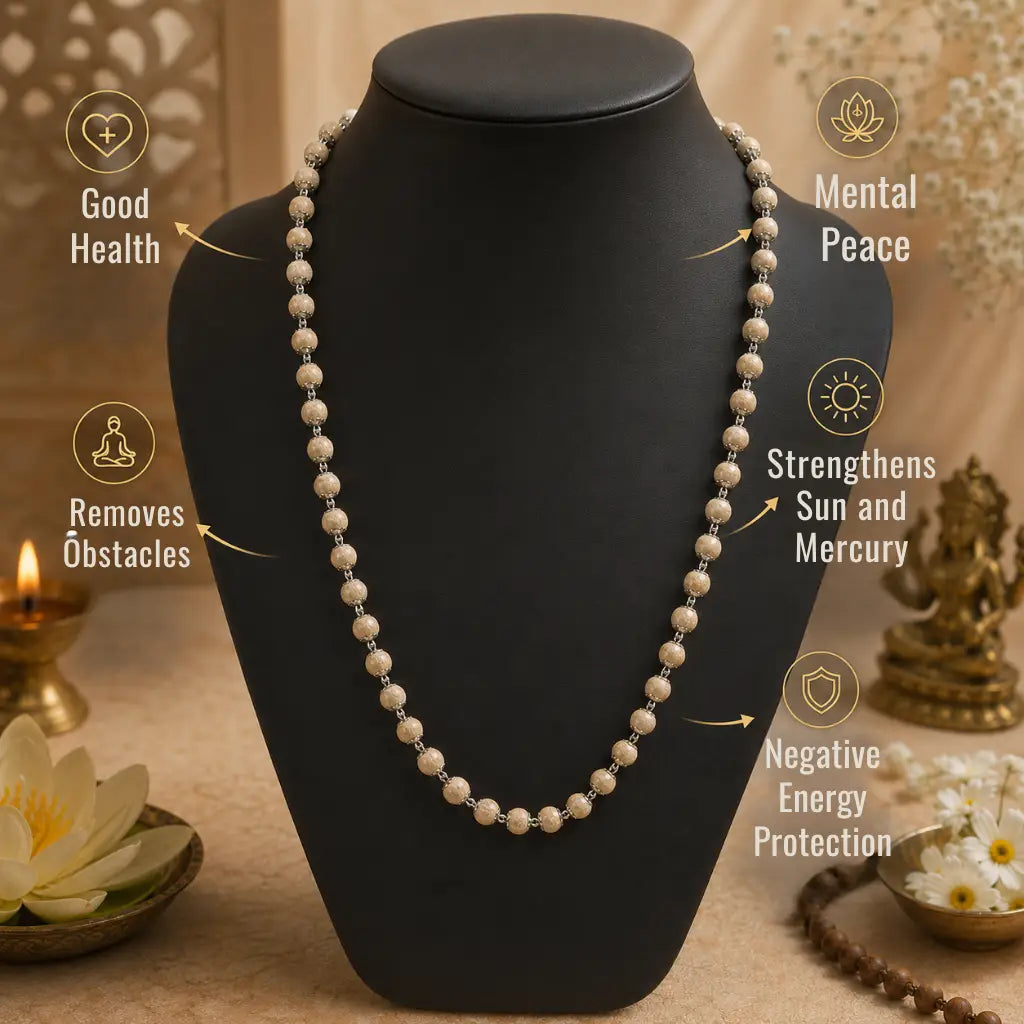 Silver Plated Tulsi Mala– 54+17 Beads, 10 mm, displaying its benefits
