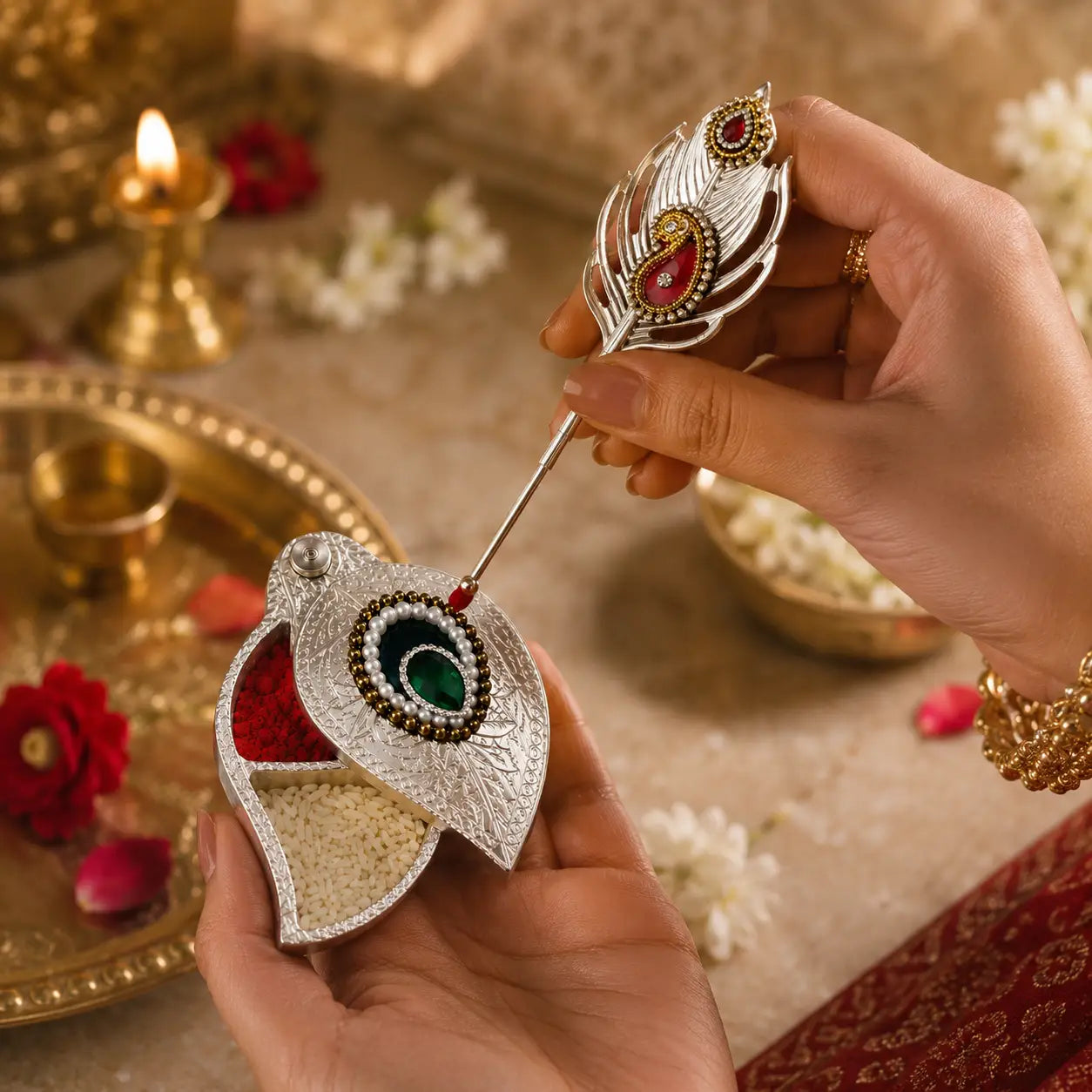 Premium Silver-Plated Tilak Set with Kumkum & Akshat Holder for Pooja Rituals