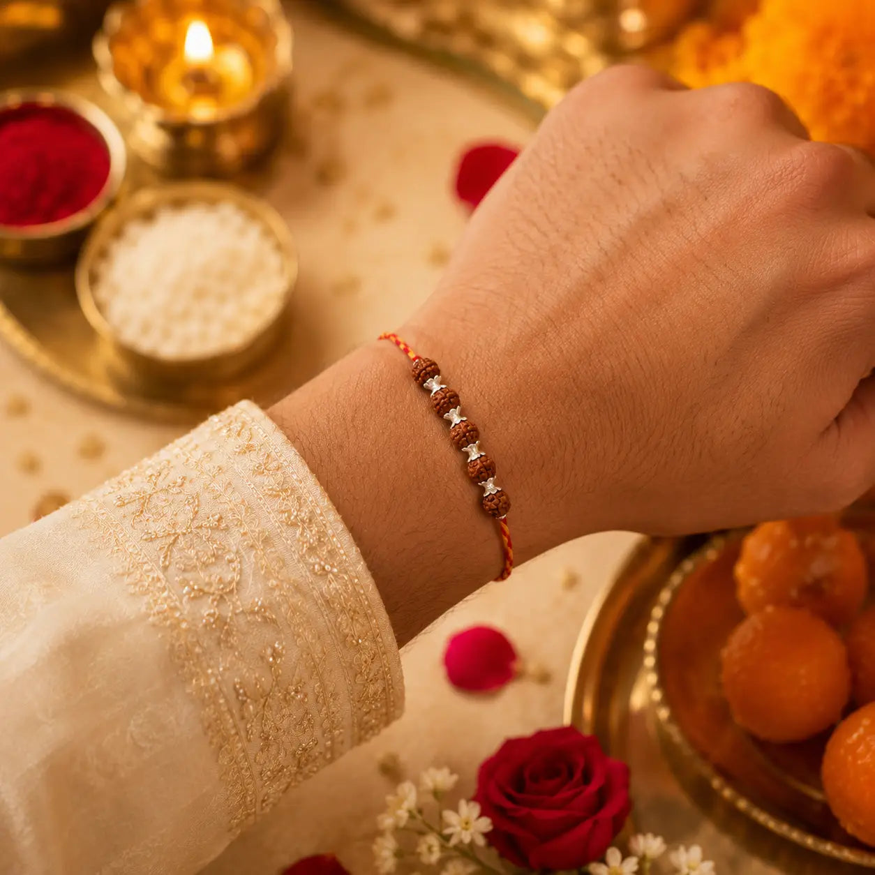 Original Silver Plated  Rudraksha Rakhi | Blessed in Kashi - 5 Beads