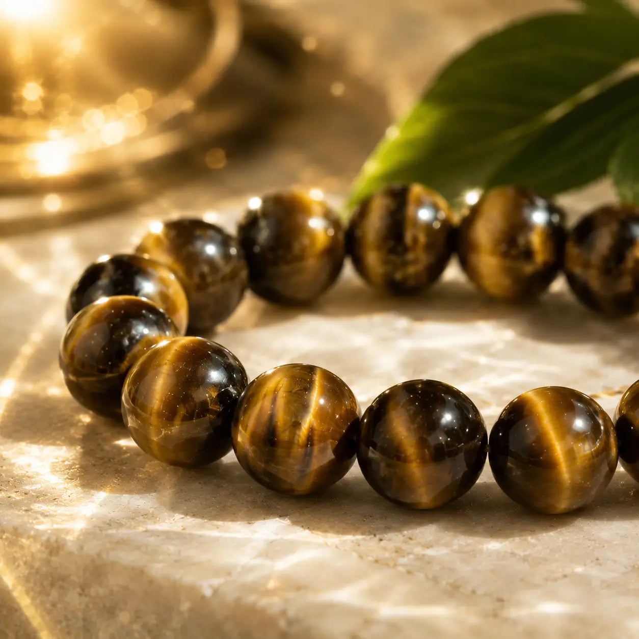 Tiger's eye beaded bracelet on a textured surface with a leaf