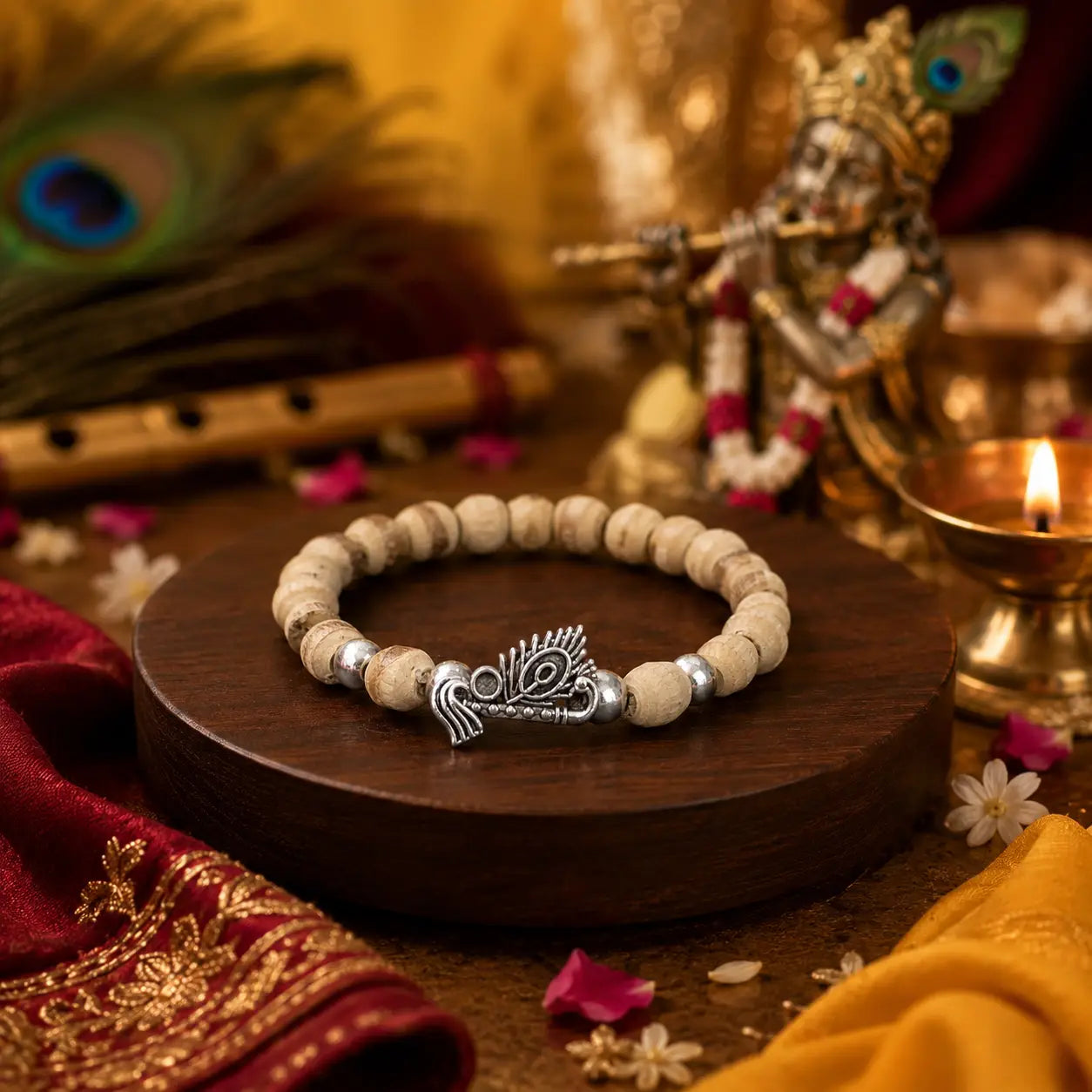 Original Tulsi Bead Rakhi Bracelet with Silver Plated Peacock Charm | Blessed in Vrindavan