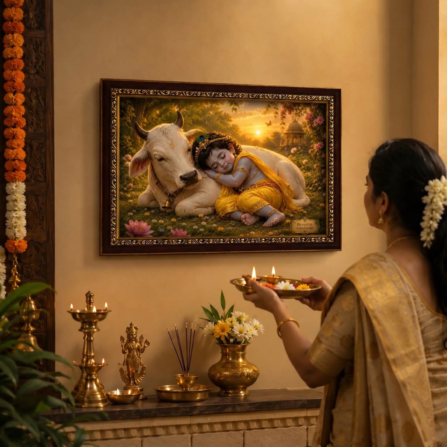 Woman performing a ritual in front of a framed picture of Baby krishna, with decorative elements on the wall.