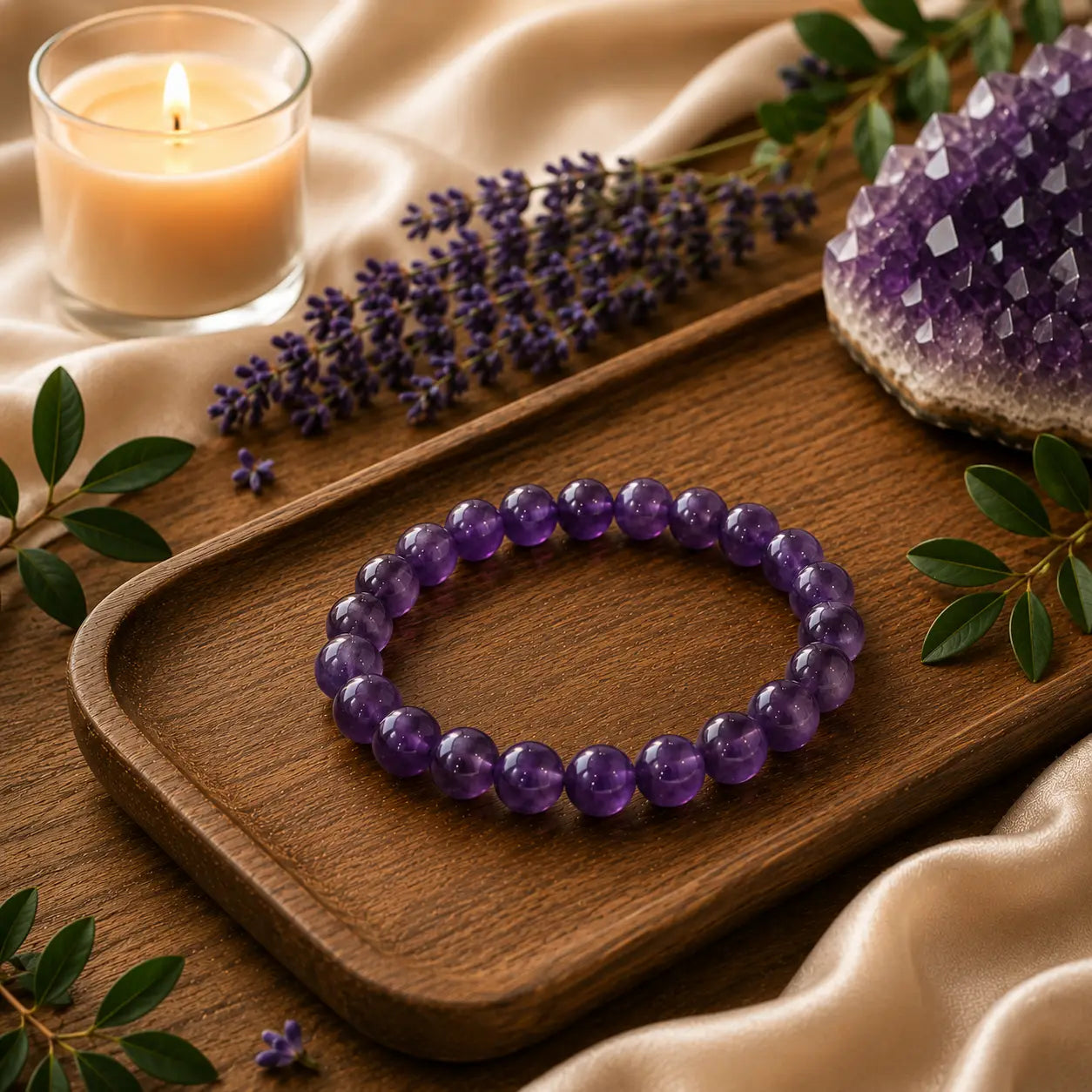 amethyst beaded bracelet on a wooden tray with lavender and a candle in the background