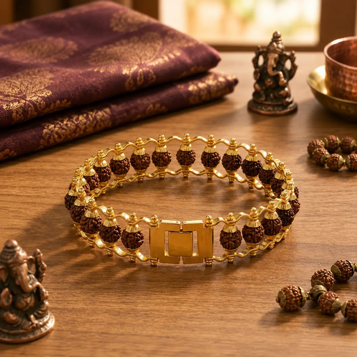 Premium Gold Plated Panch Mukhi Rudraksha Rakhi Bracelet – 24 Beads | Blessed in Kashi
