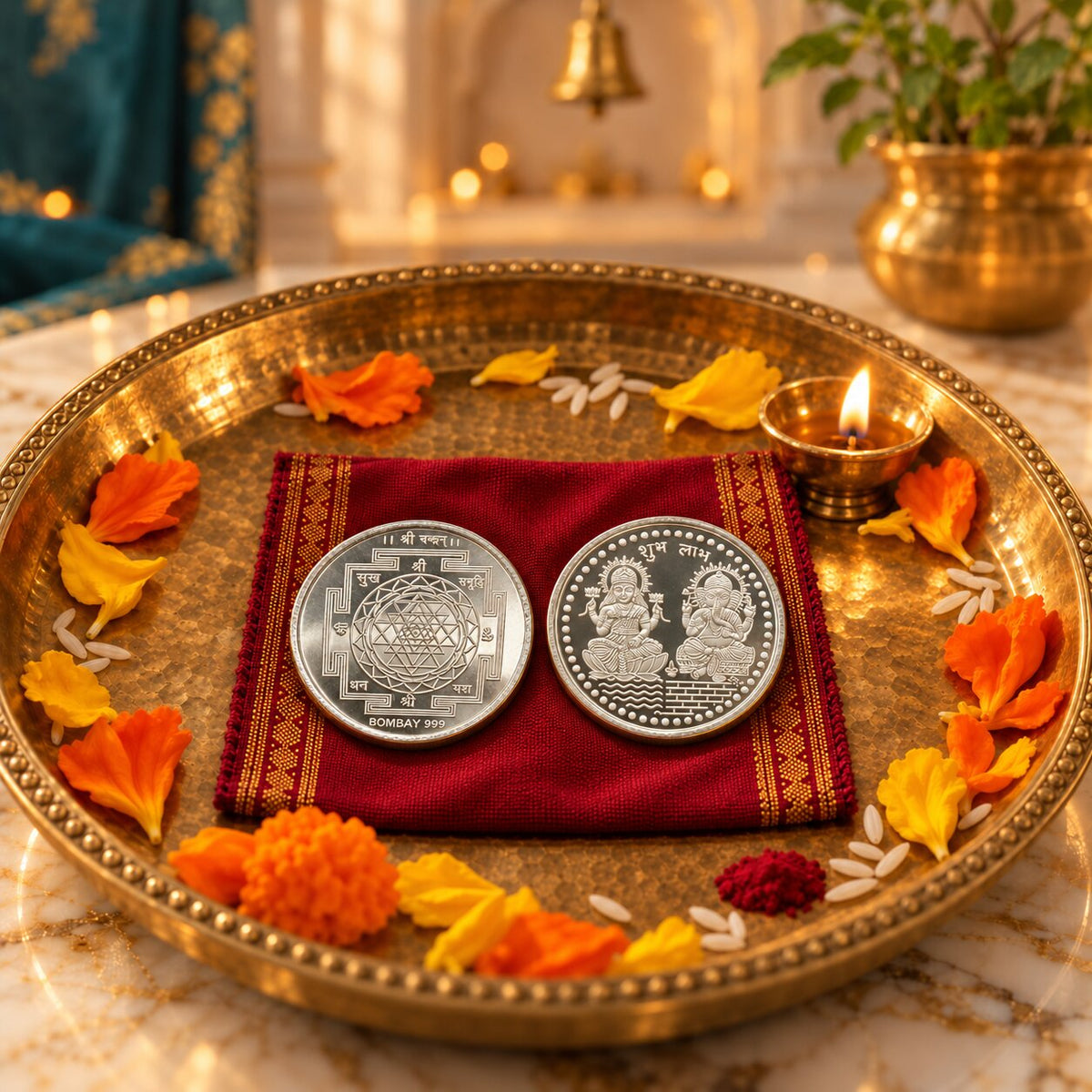 Shree Samriddhi Silver Plated Coin Collection – Swastik, Shree Yantra, Shree & Kumbh Coins for Pooja & Gifting