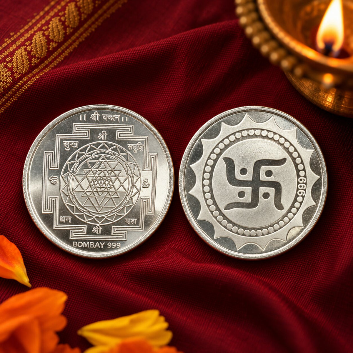 Shree Samriddhi Silver Plated Coin Collection – Swastik, Shree Yantra, Shree & Kumbh Coins for Pooja & Gifting