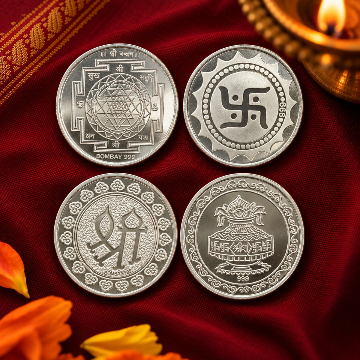 Shree Samriddhi Silver Plated Coin Collection – Swastik, Shree Yantra, Shree & Kumbh Coins for Pooja & Gifting
