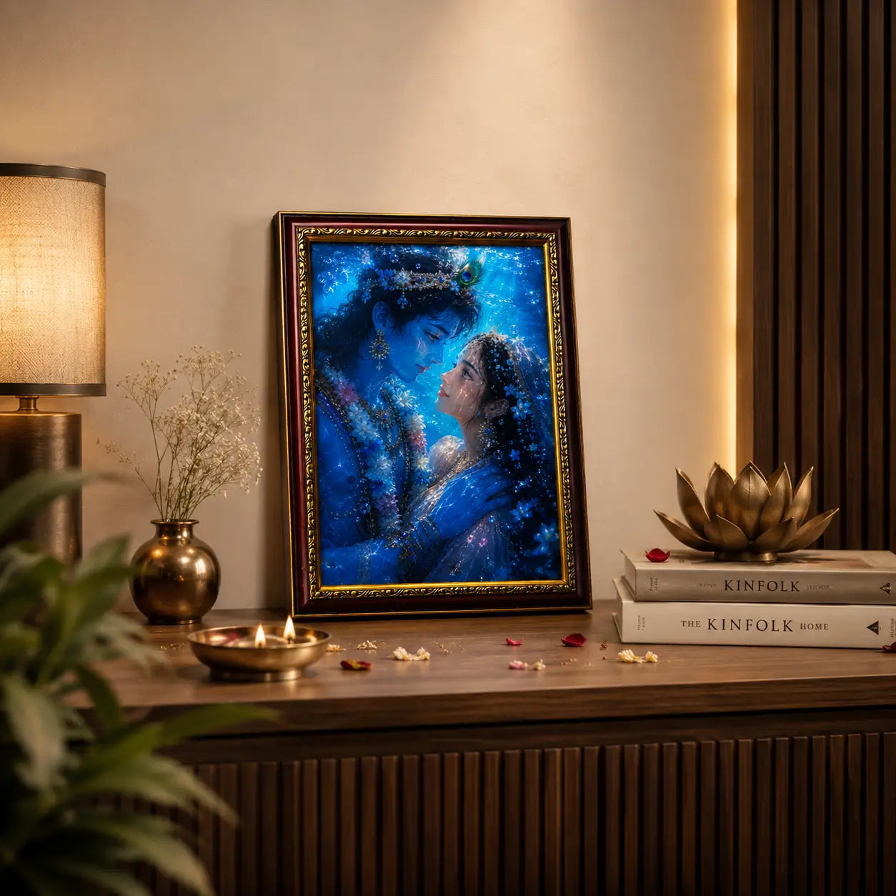 Framed artwork on a wooden surface with decorative items